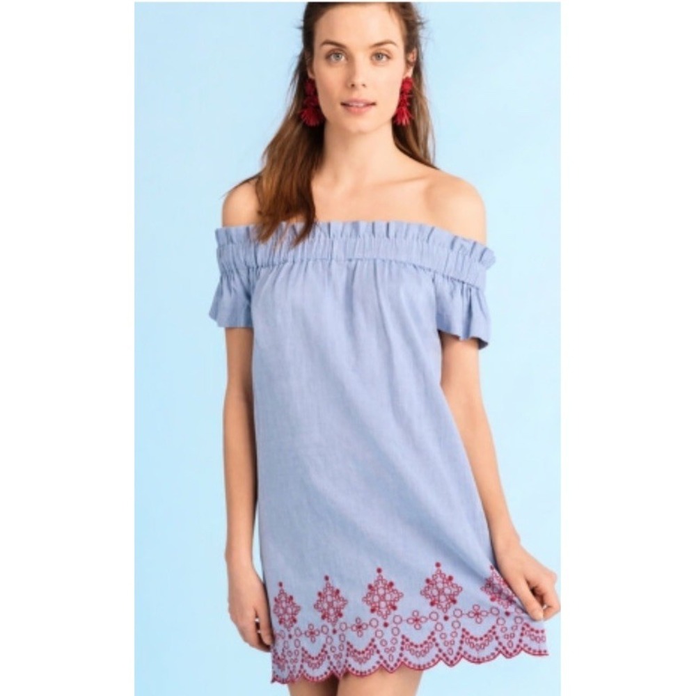 Vineyard Vines Dress Off Shoulder Red Embroidered Oxford Preppy Small Cotton